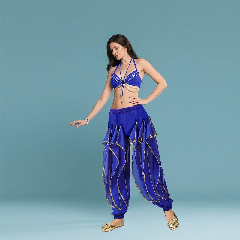 Rivoxi Women‘s Belly Dance Harem Pants with Golden Trim High Waist Stretchy Pants for Yoga Practice Stage Performance - Image 3
